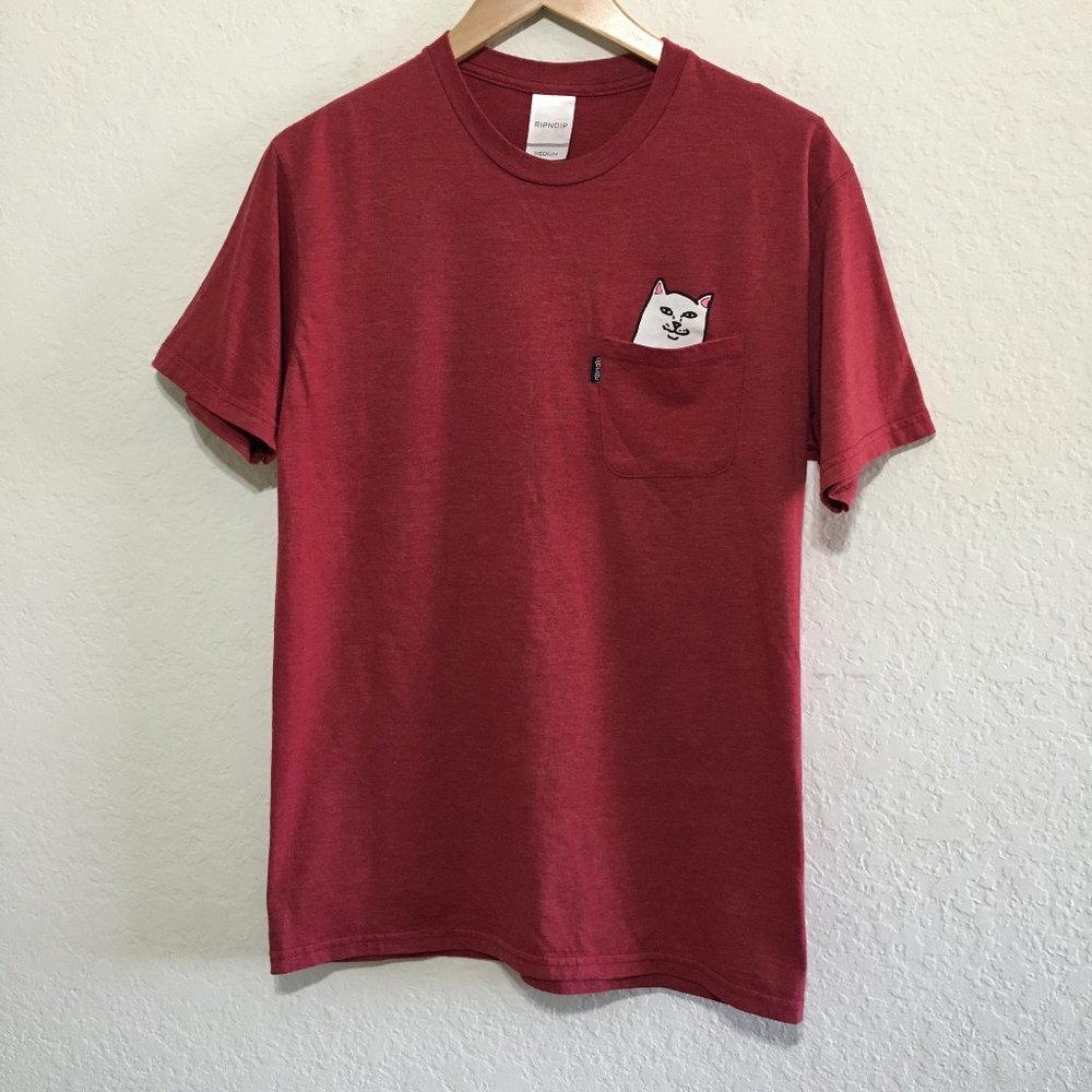 RIPNDIP Red Pocket T Shirt w/White Cat in Pocket Crew Neck Short Sleeves Size M